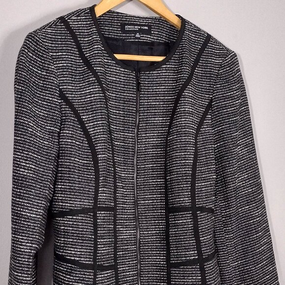 JONES NEW YORK Black Tweed Geometric Trim Zipper Blazer Jacket 10 Office Career - Picture 5 of 16